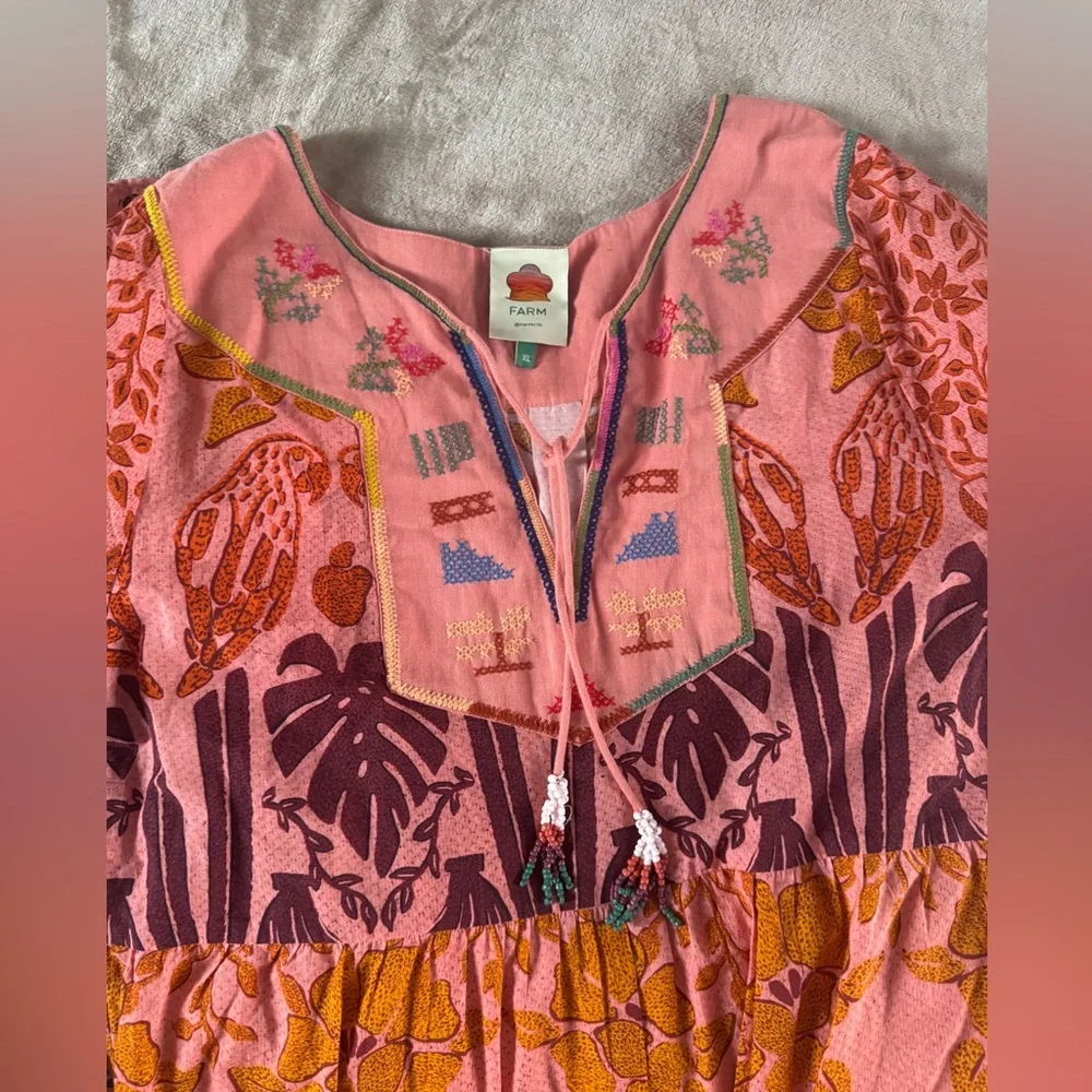 Farm Rio Pink Anika Macaws Maxi Dress XL Tropical Resort Boho Luxury - Picture 10 of 13